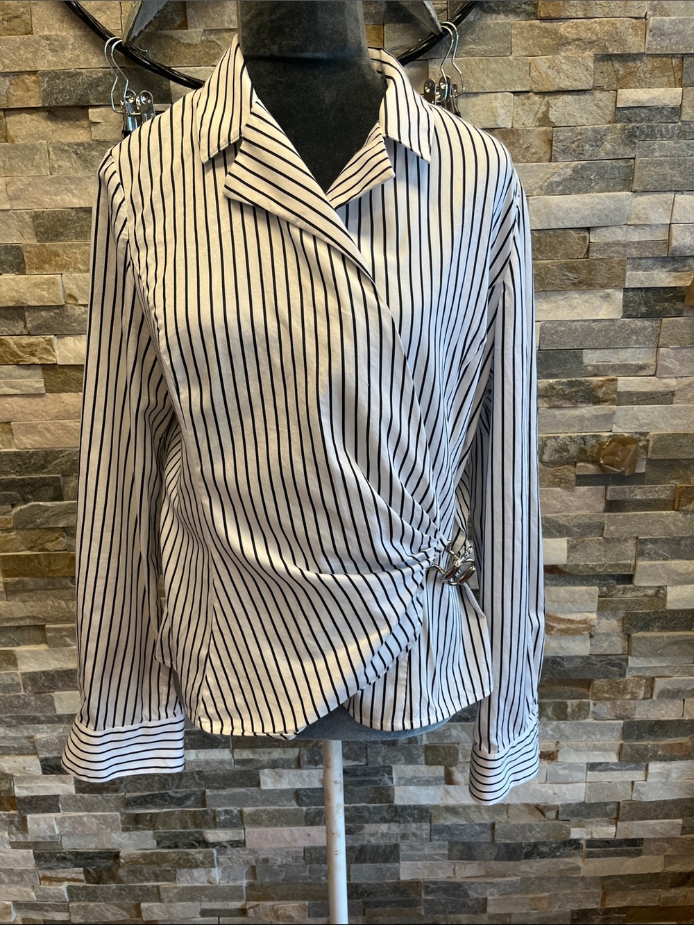 Jones New York White Button-Down Shirt with Black Pinstripes